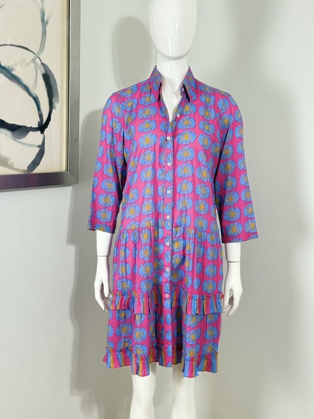 Bella Tu Women’s Pink Blue Floral Boho Cotton Summer Dress Lightweight Size S